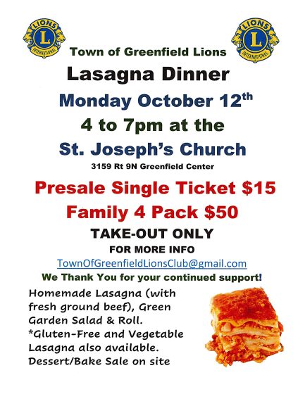 Town of Greenfield Lions Lasagna Dinner